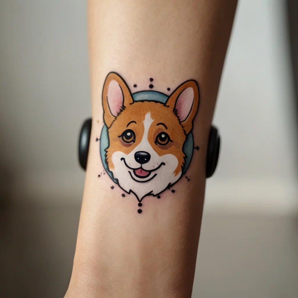 Cartoon-style corgi face tattoo with a blue circular background and dotted accents, showcasing its happy expression.