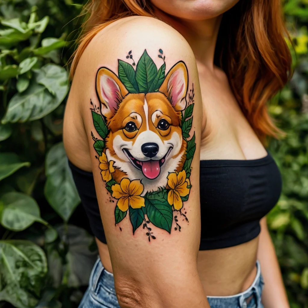 Tattoo of a smiling corgi surrounded by vibrant green leaves and yellow flowers on the upper arm.