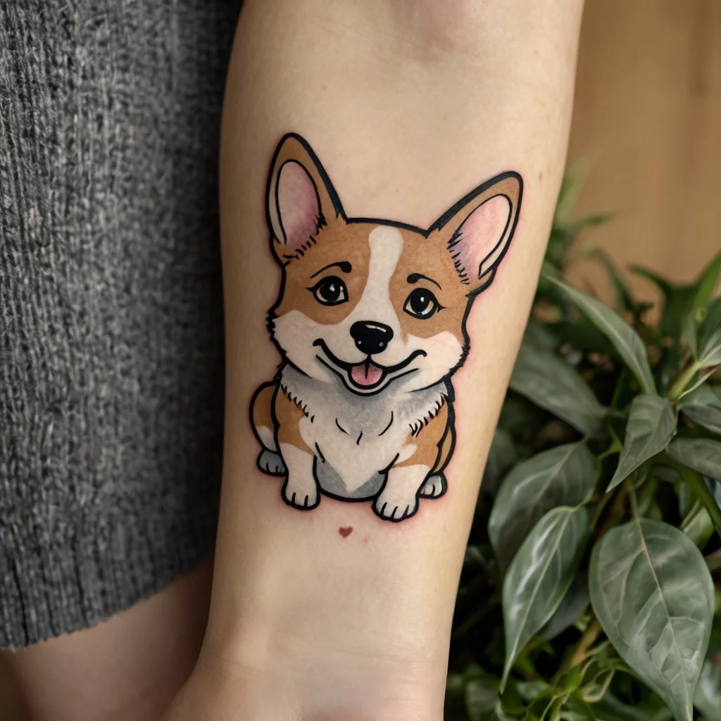 Tattoo of a cute, smiling Corgi with bold outlines and soft shading on forearm, featuring a tiny heart below it.