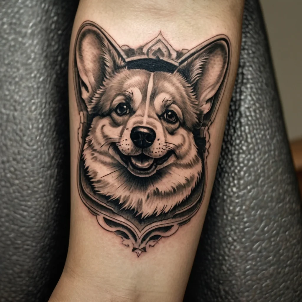 Realistic corgi portrait tattoo with detailed shading and intricate border design, capturing a lively expression.