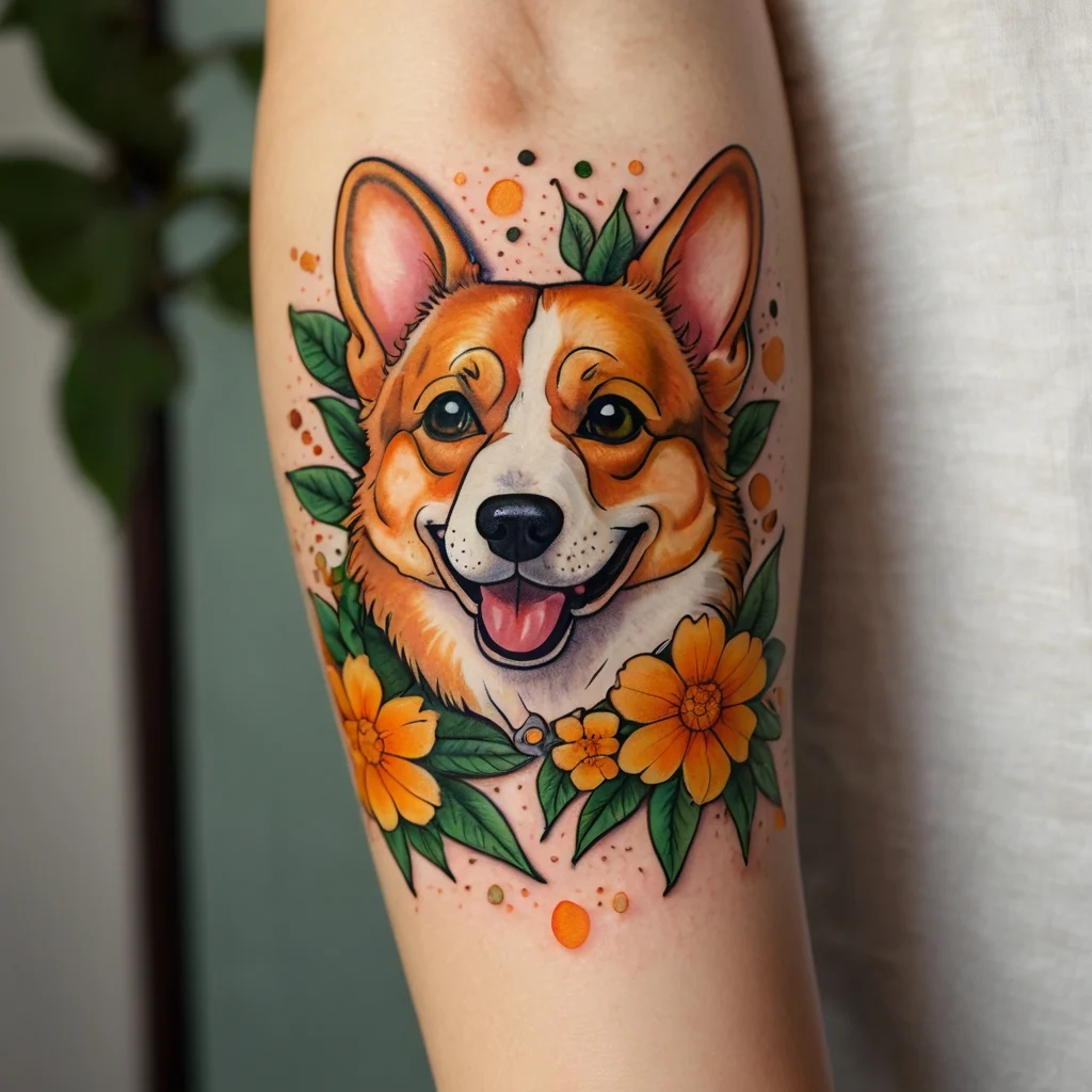 Colorful Corgi tattoo with vibrant orange flowers and green leaves, capturing a playful, joyful expression.