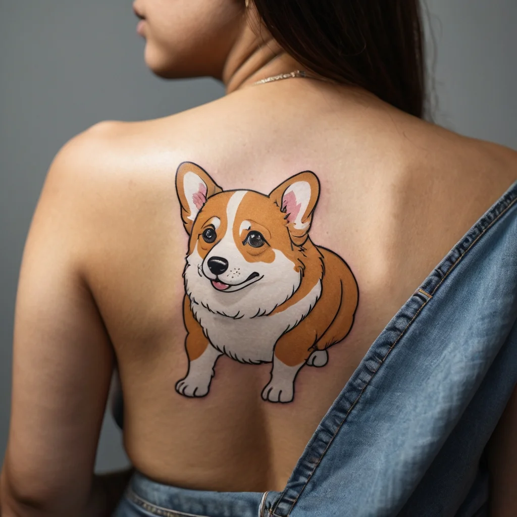 Vibrant cartoon Corgi tattoo on upper back, showcasing a playful expression and bold outlines.