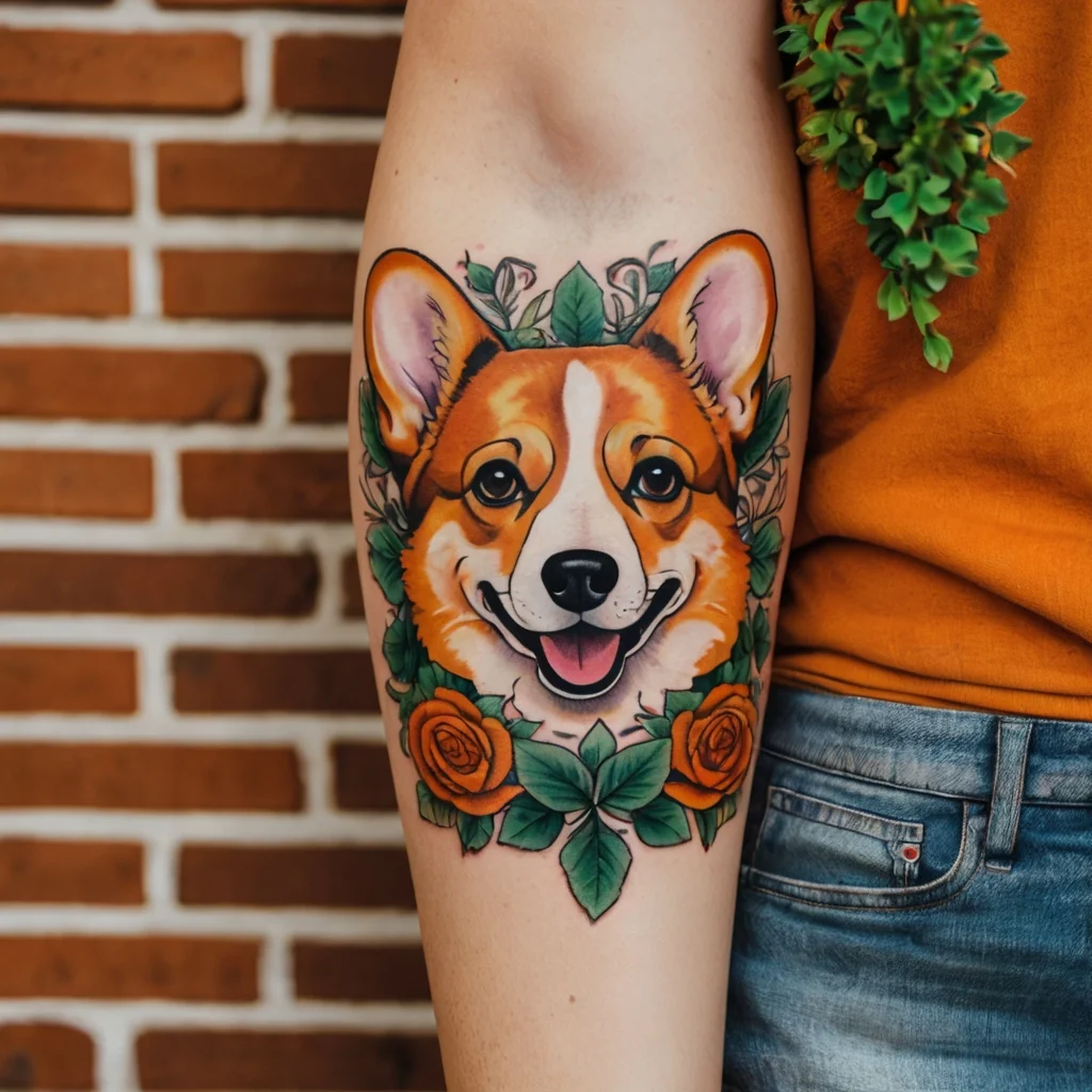 Colorful Corgi tattoo with vivid roses and greenery, showcasing detailed shading and a playful, joyful expression.