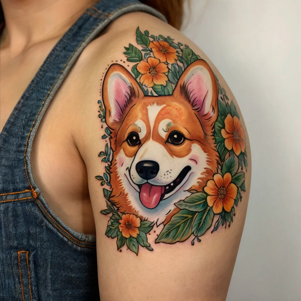 Colorful Corgi tattoo with vibrant orange flowers and lush greenery, designed on the upper arm, showcasing joy and playfulness.