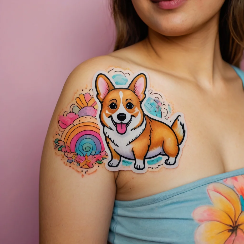 Colorful tattoo of a cartoon corgi with a rainbow and flowers, set in vibrant hues on the shoulder.