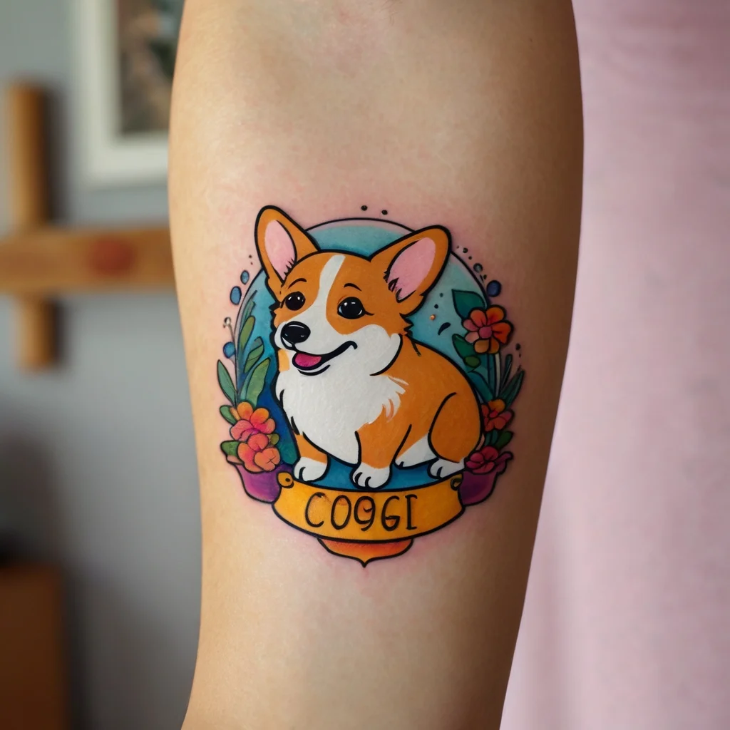 Colorful tattoo of a cute Corgi surrounded by flowers, with a banner reading COGGI. Bright, playful, and vivid design.