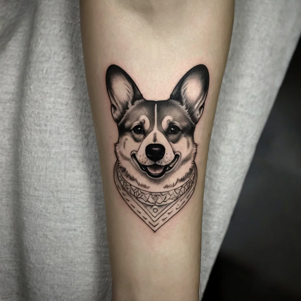 Realistic Corgi tattoo with detailed shading and geometric collar on forearm, capturing the dog's cheerful expression.