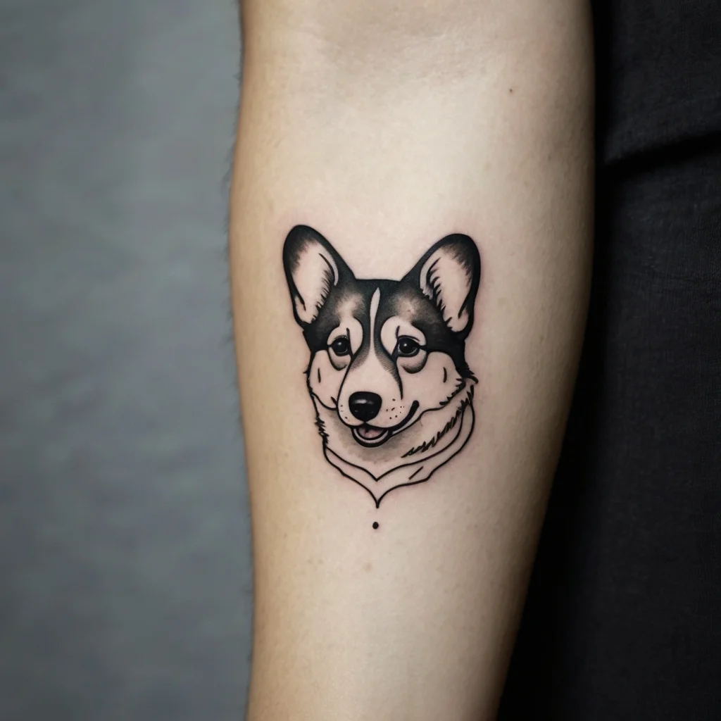 Tattoo of a realistic corgi face in black and gray, featuring detailed shading and a relaxed, smiling expression.