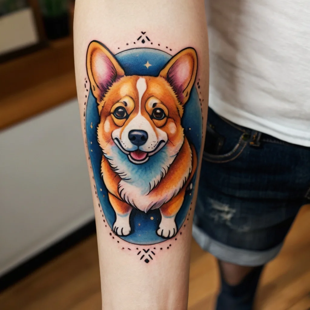 Colorful tattoo of a happy corgi in a blue oval with geometric details and stars, highlighting playfulness and loyalty.