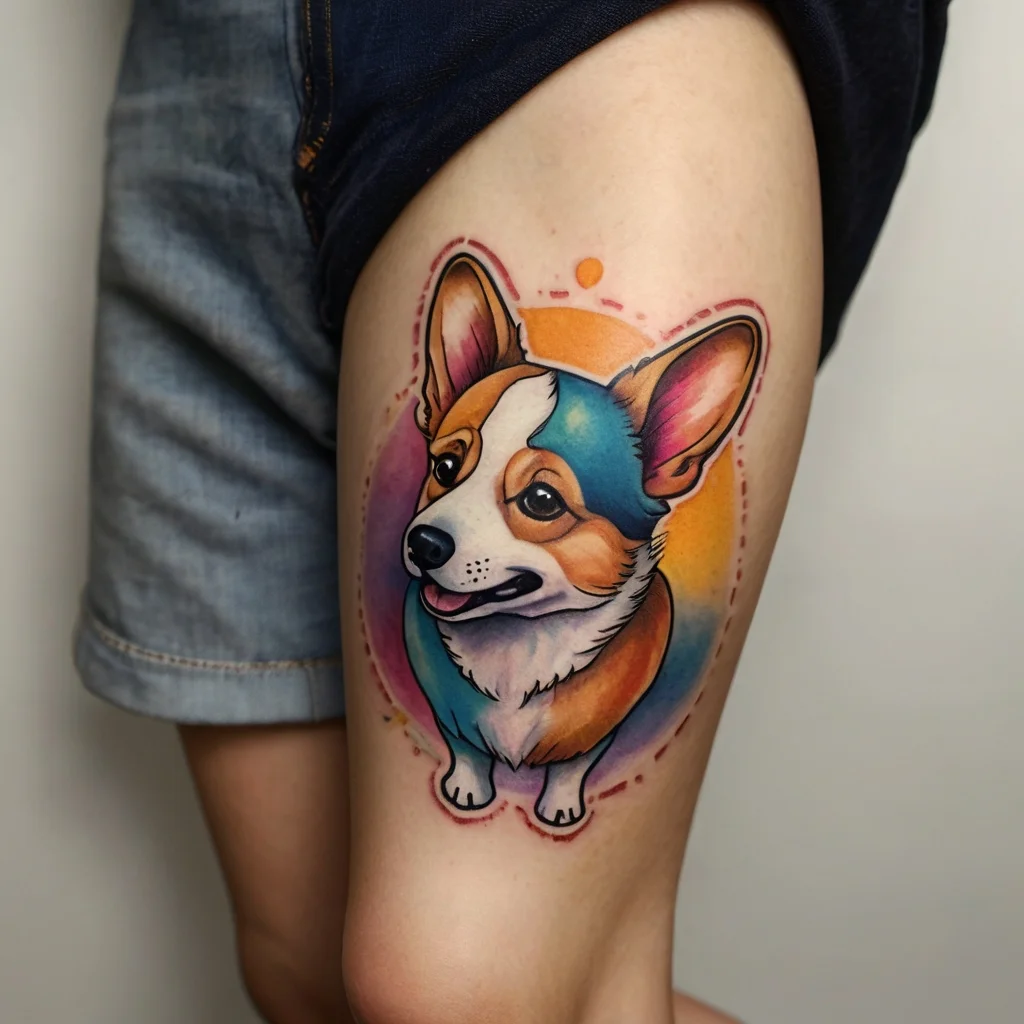 Vibrant corgi tattoo with watercolor style on thigh, featuring bold outlines and a colorful background.