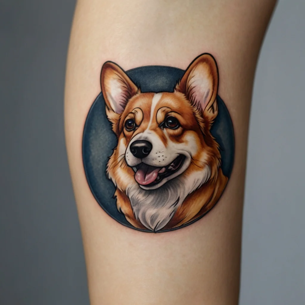 Realistic tattoo of a smiling corgi within a dark circle, showcasing detailed fur and expressive eyes.