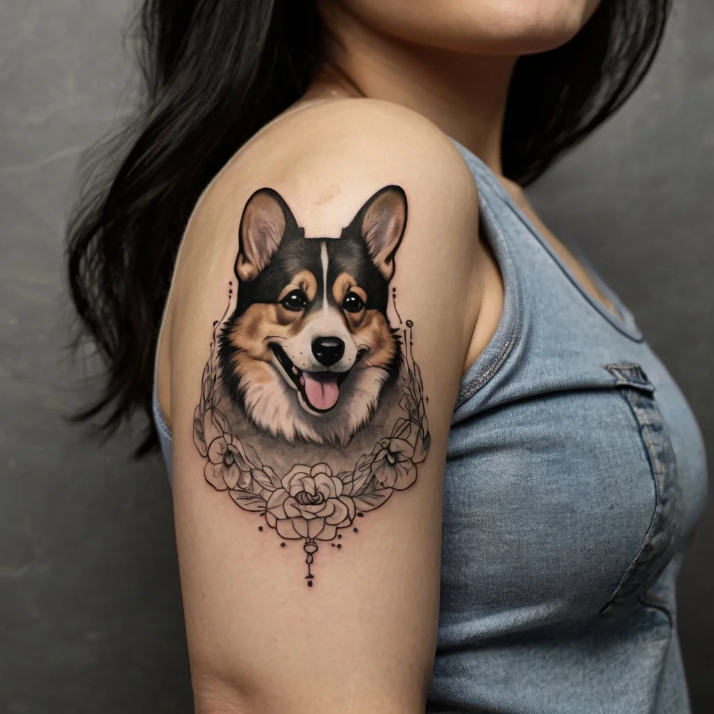 Realistic corgi tattoo on upper arm, surrounded by delicate floral motifs and subtle shading for depth.