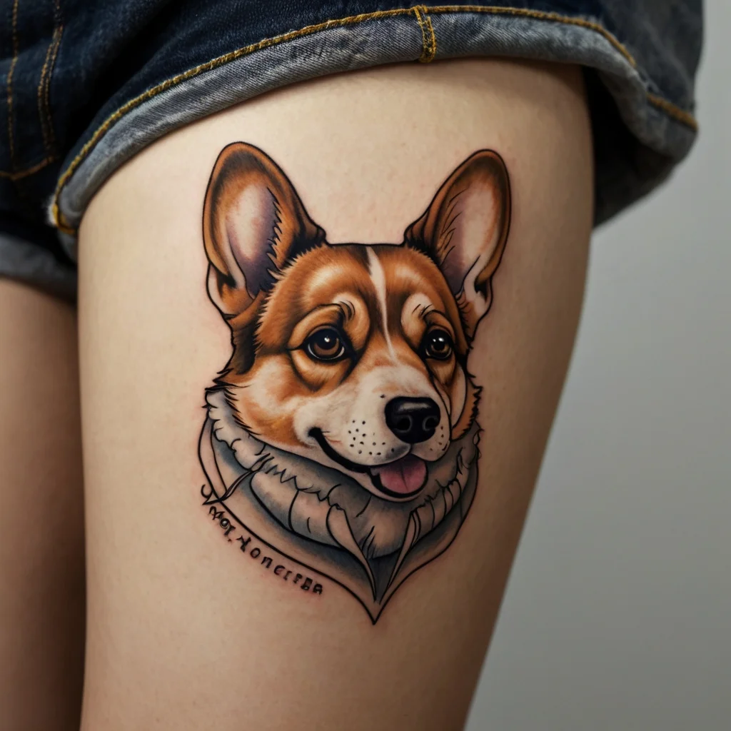 Tattoo of a realistic Corgi portrait on thigh, featuring bright eyes and a friendly expression, crafted with vibrant colors.