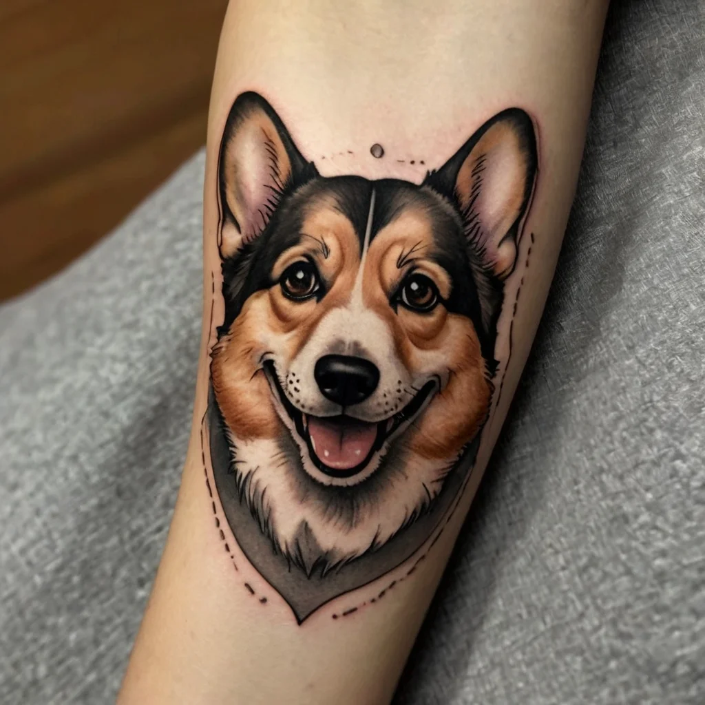 Realistic tattoo of a smiling Corgi with vivid colors and intricate shading, capturing its playful expression perfectly.