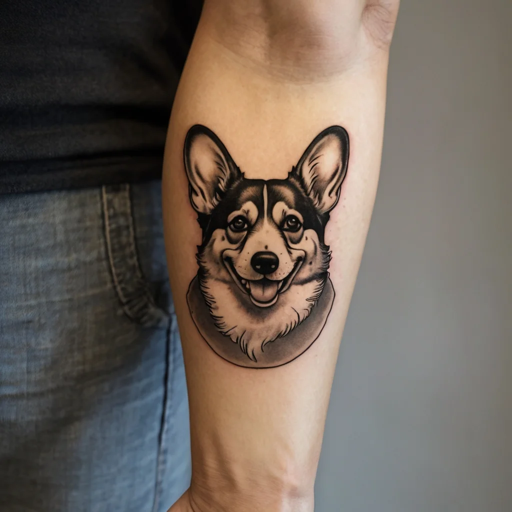 Realistic corgi tattoo on forearm showcasing shaded details and a cheerful expression, capturing the dog's friendly nature.