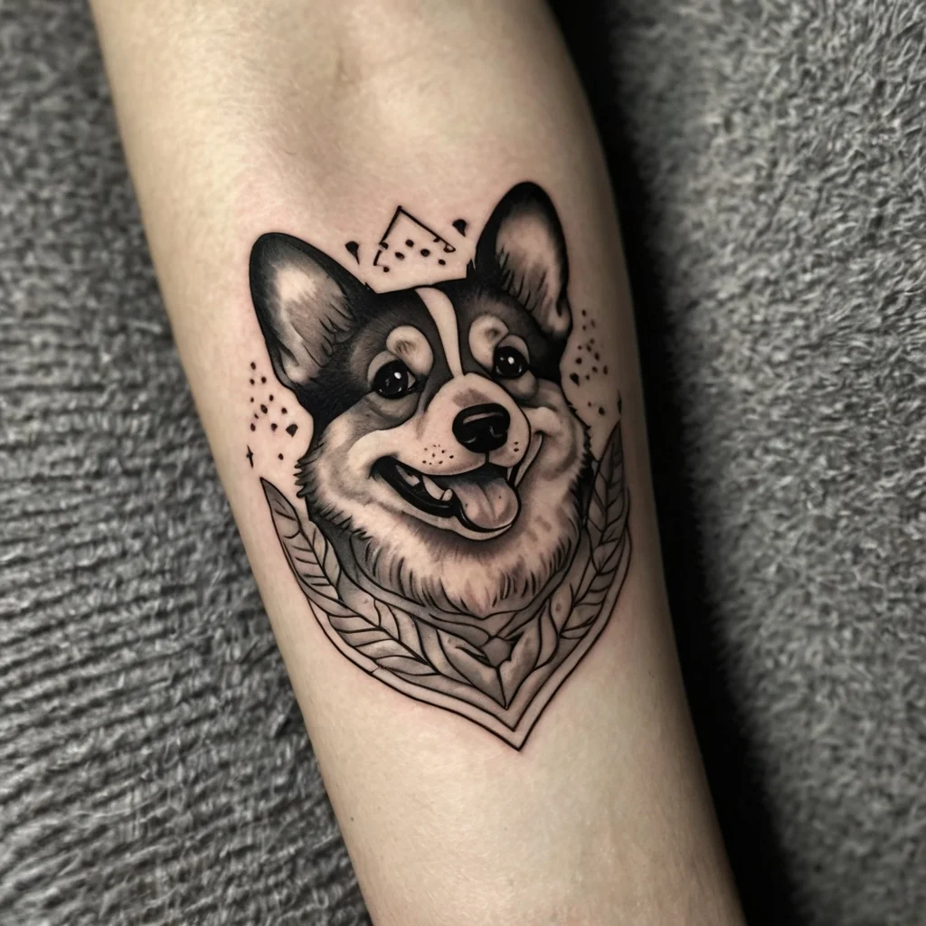 A black and gray tattoo of a smiling corgi wearing a bandana, with geometric accents and subtle shading on the forearm.