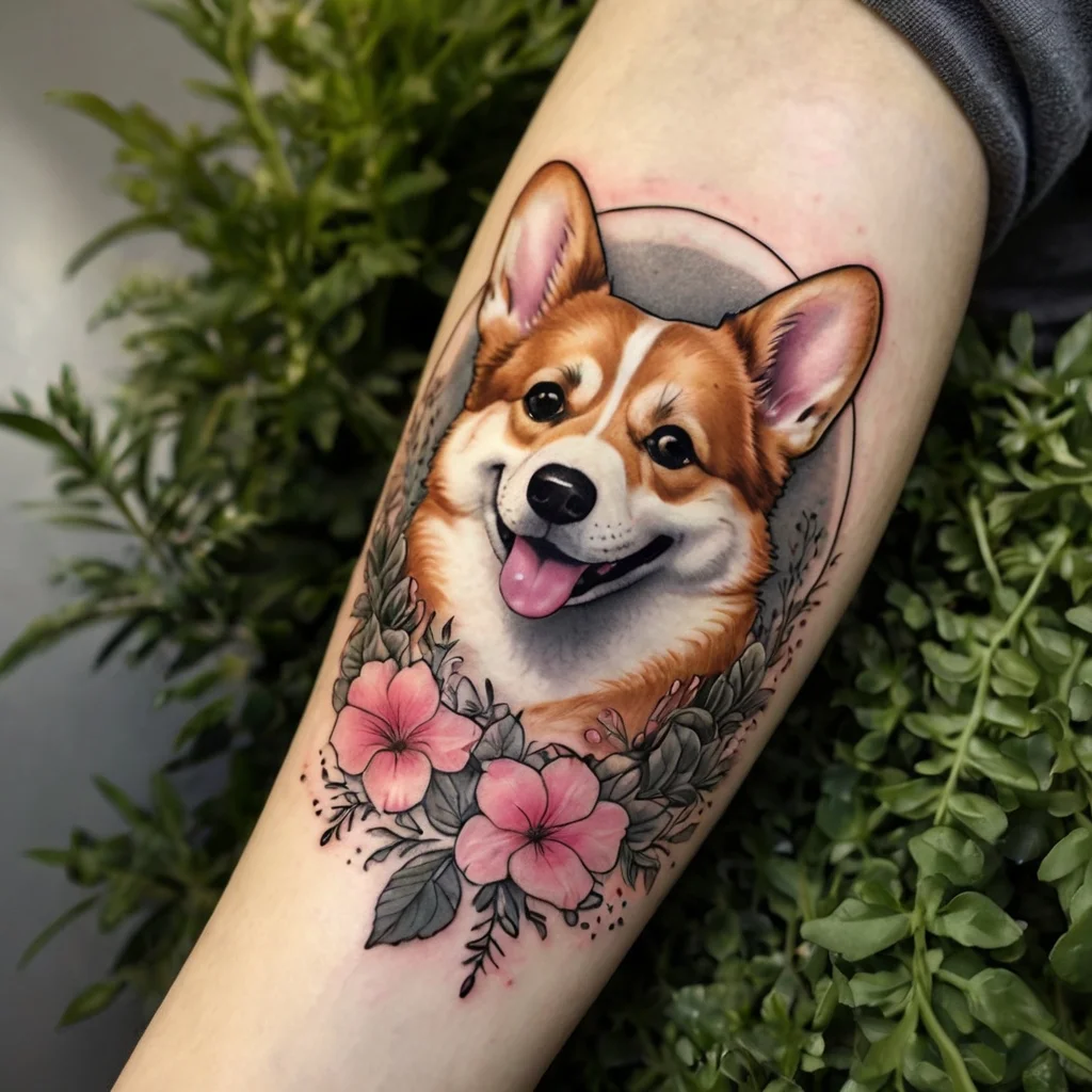 Realistic corgi portrait tattoo with pink flowers and green leaves in a circular frame on forearm.