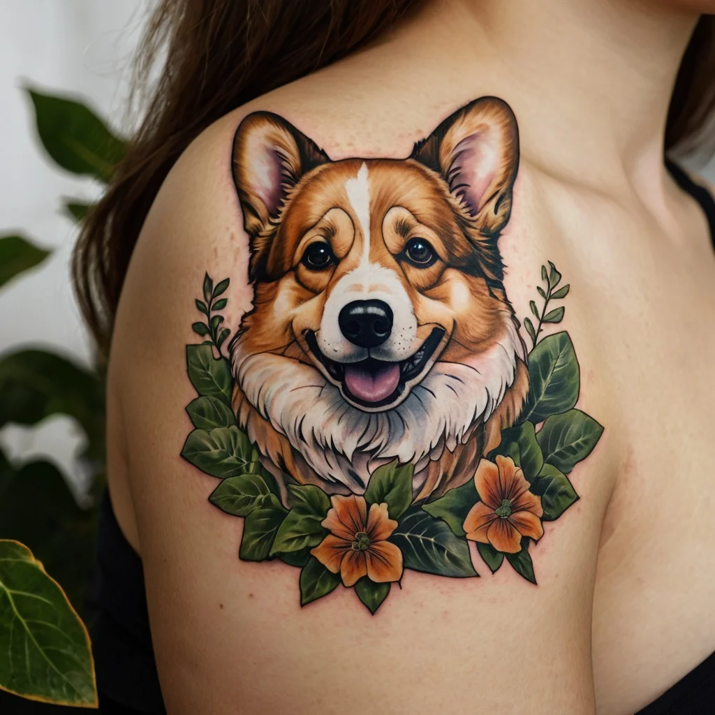 Realistic corgi tattoo with orange flowers and green leaves on shoulder, highlighting joyful expression and vibrant colors.