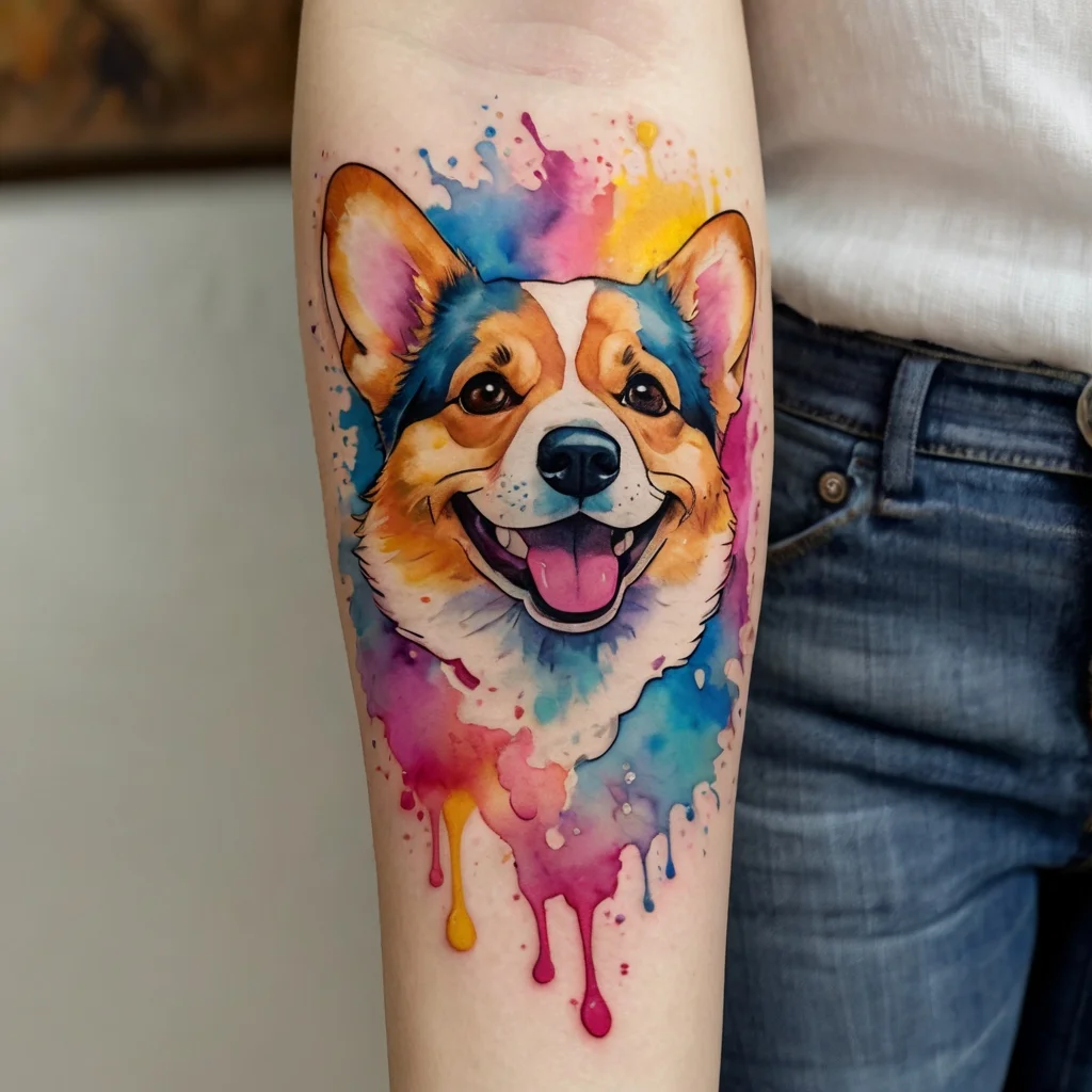 Colorful Corgi watercolor tattoo with vibrant splashes and dripping effect, capturing a playful and joyful expression.