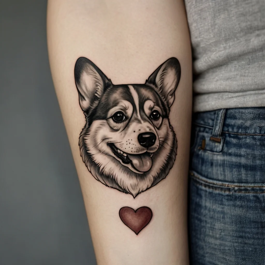 Realistic corgi tattoo with detailed shading above a small red heart, capturing affection and pet admiration.