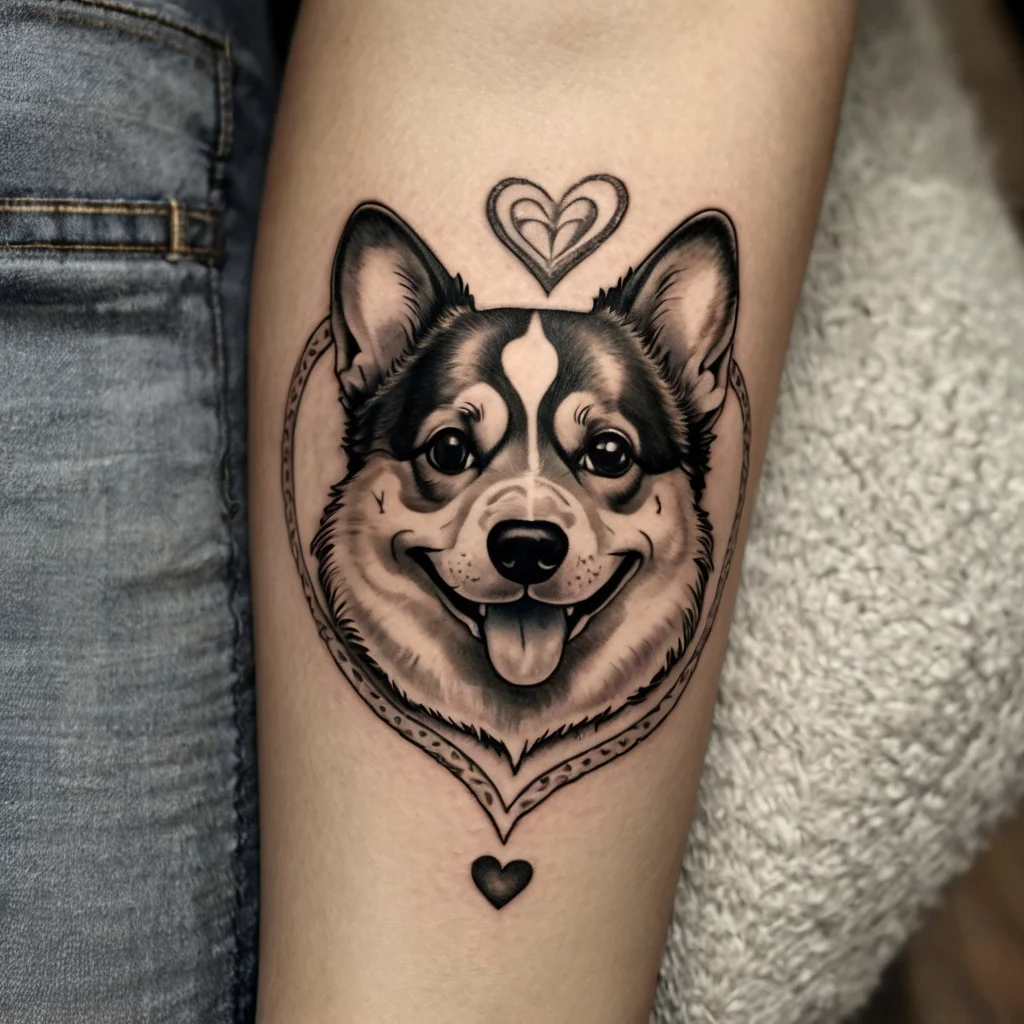 Tattoo of a happy dog in a heart outline with two small hearts above and below, symbolizing love and loyalty.