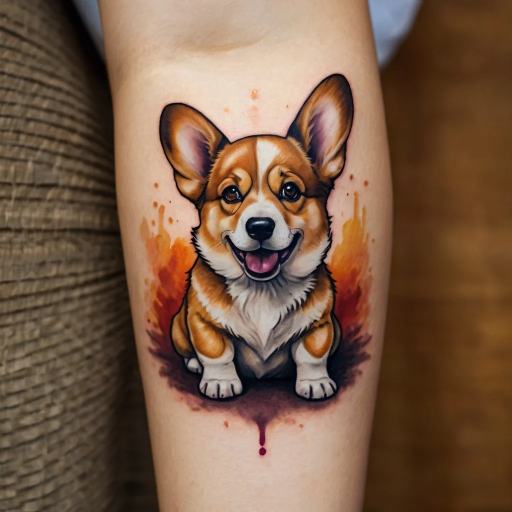 Bright, realistic corgi tattoo with playful expression, surrounded by warm watercolor splashes of orange and red.