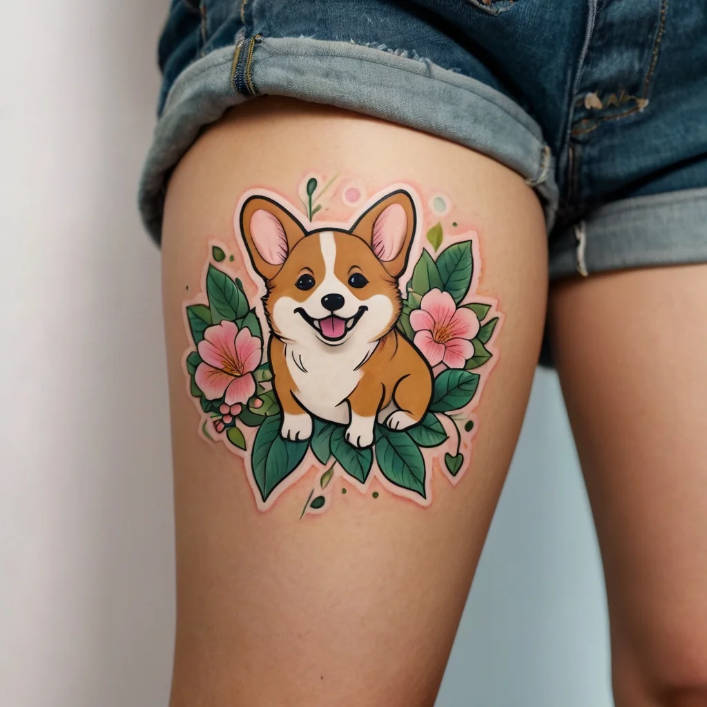 Cartoon corgi tattoo surrounded by vibrant flowers and leaves, blending a playful and nature-inspired aesthetic.