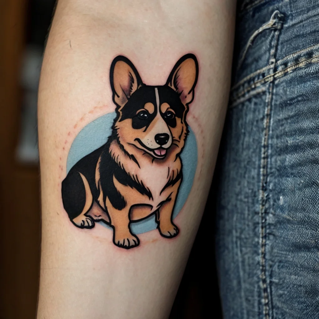 Colorful tattoo of a corgi dog with a cheerful expression, set against a soft blue circular background on the arm.