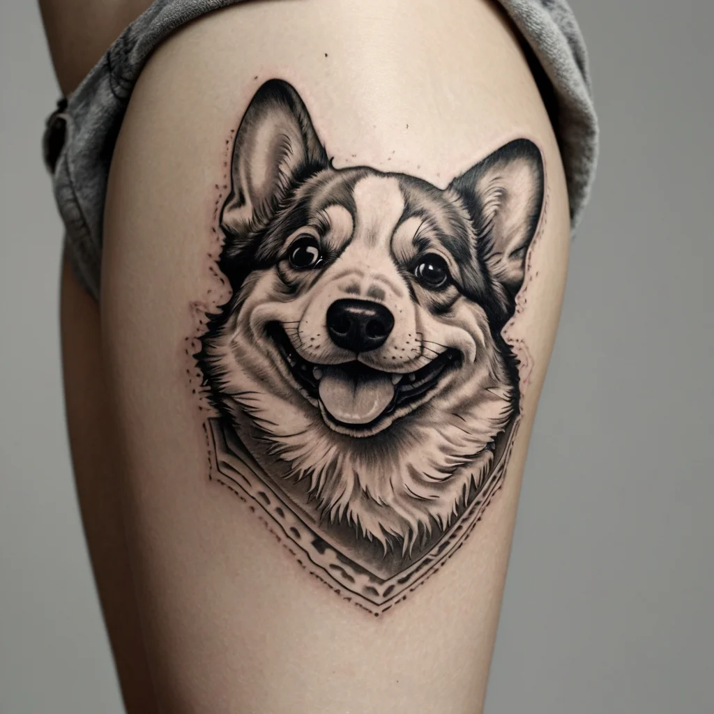 Black and grey tattoo of a happy corgi, detailed with shading and outlines, placed on the upper thigh.