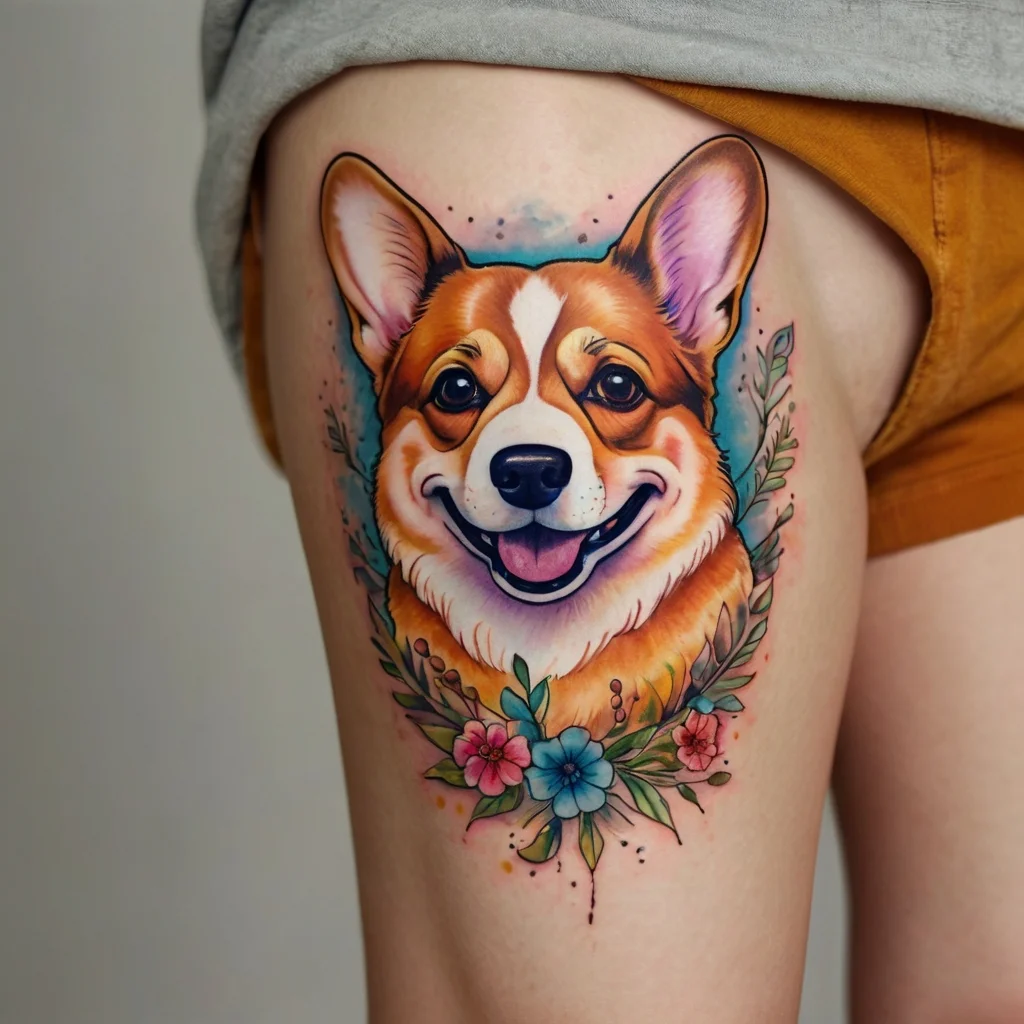 Colorful Corgi tattoo with vibrant blue and pink flowers encircling the dog's face, creating a lively, playful design.