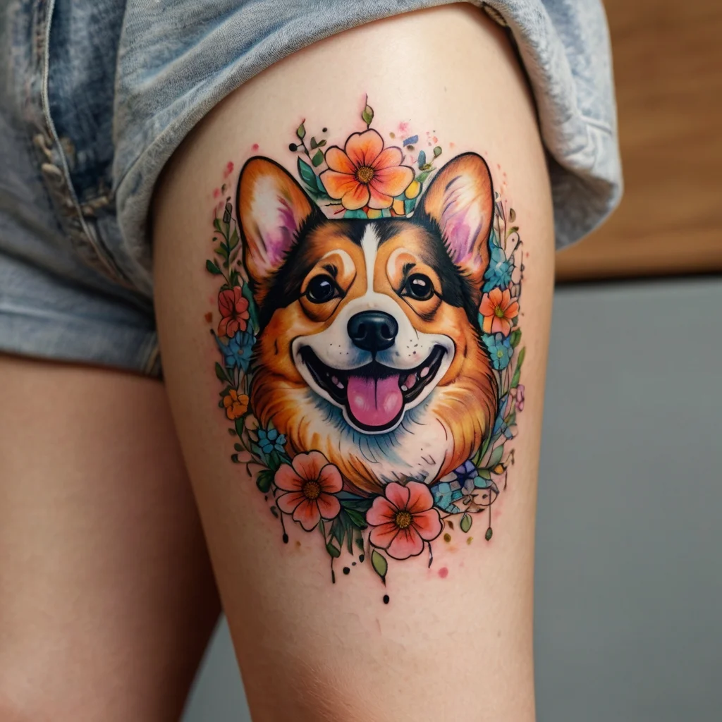 Colorful tattoo of a happy Corgi surrounded by vibrant orange and blue flowers, symbolizing joy and companionship.