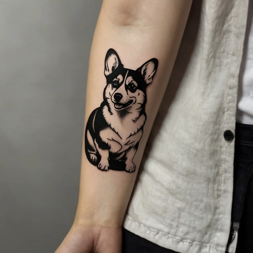 Tattoo of a smiling corgi in bold black and white, featuring detailed shading and expressive eyes on the forearm.