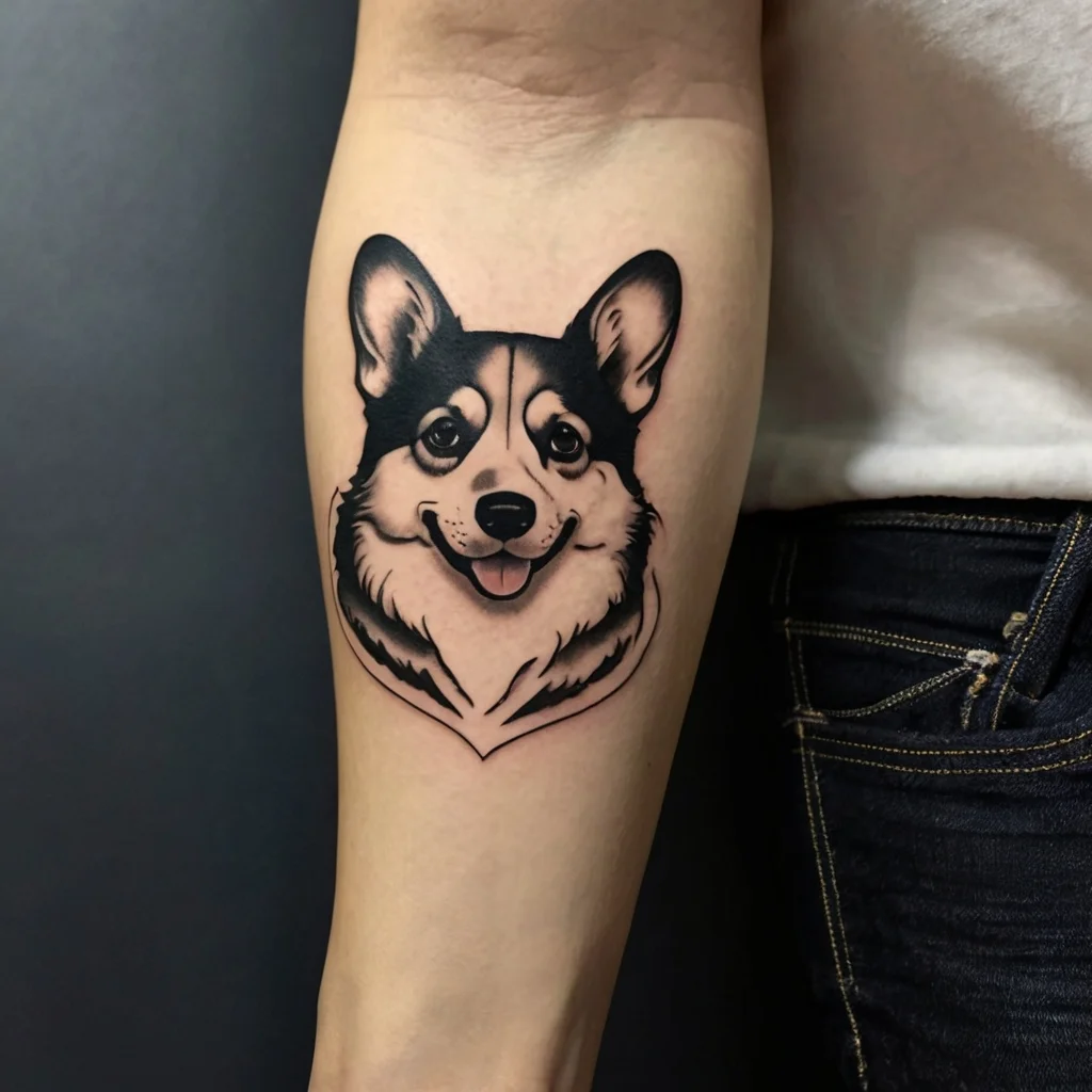 Tattoo of a smiling Corgi dog on the forearm, detailed in black and white with realistic shading and bold outlines.