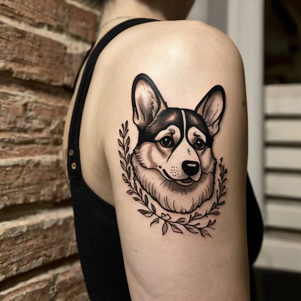 A realistic corgi tattoo adorned with a laurel wreath, showcasing intricate shading and details on the upper arm.