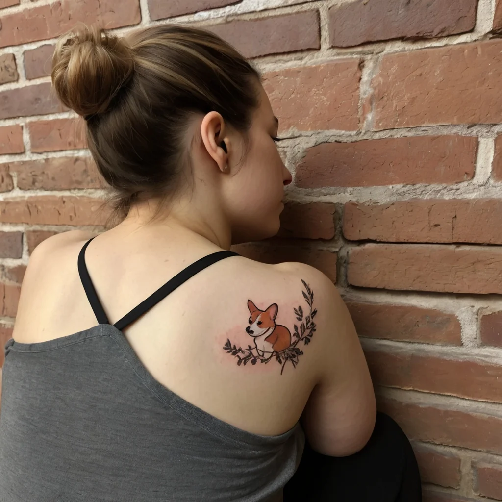 Tattoo of a cute corgi surrounded by delicate leafy vines on the shoulder, showcasing playful and natural elements.