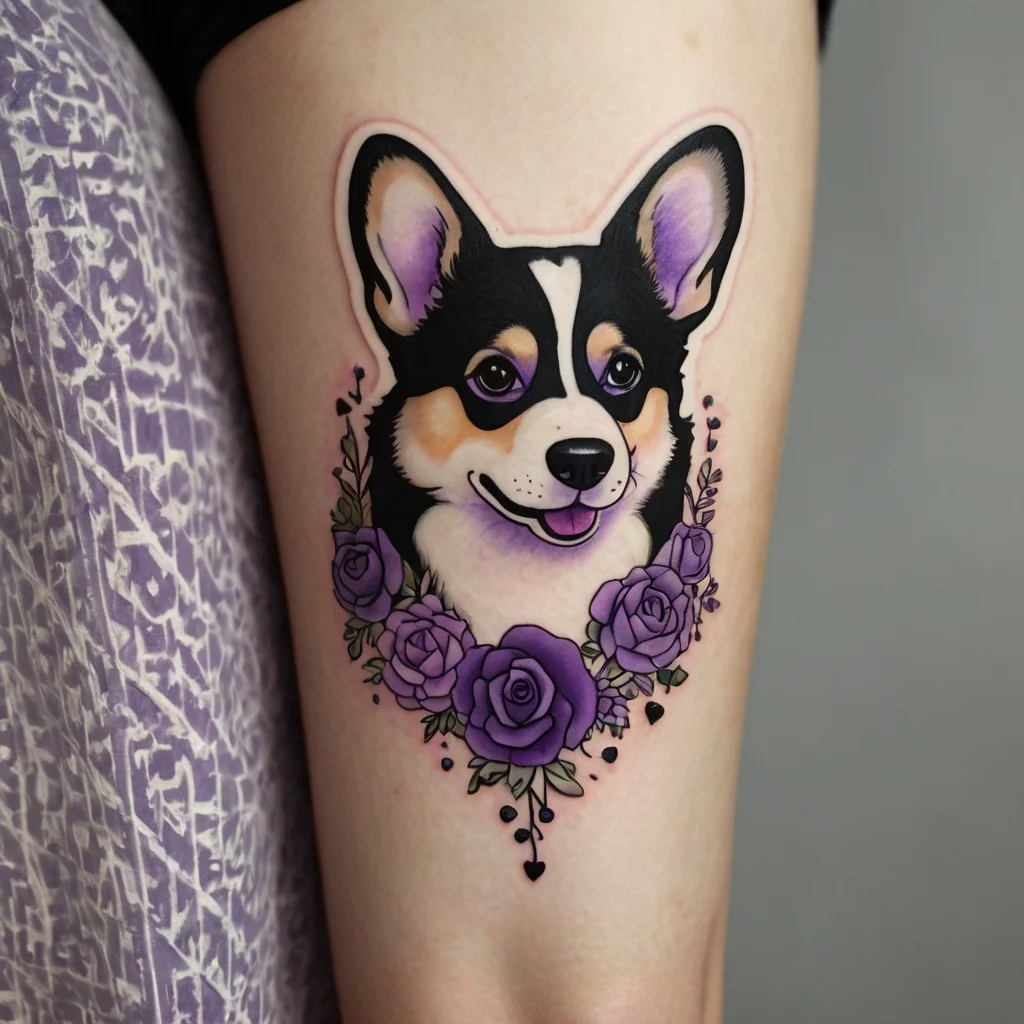 Tattoo of a corgi surrounded by purple roses, featuring a vibrant color palette and fine detailing on the thigh.