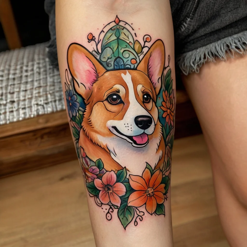 Vibrant tattoo of a smiling dog surrounded by colorful flowers and leaves, accented with ornamental patterns.