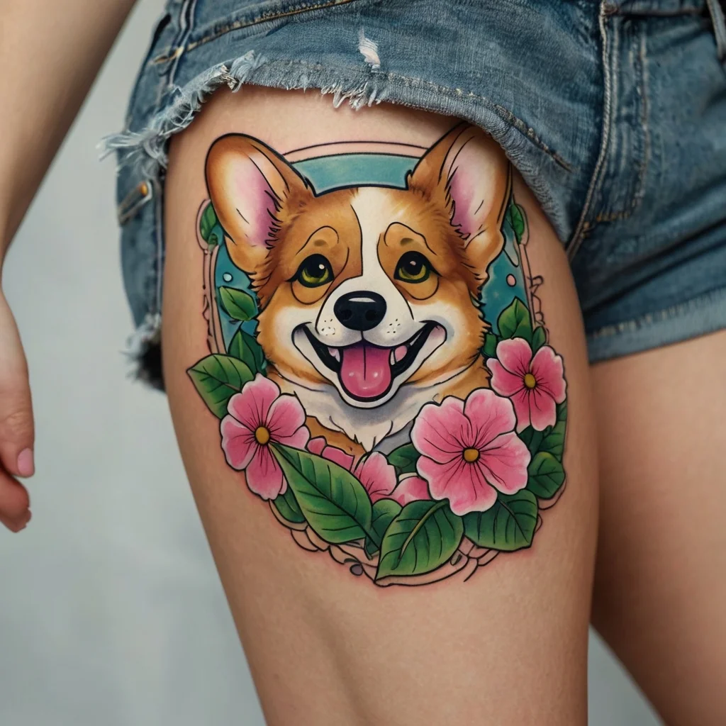 Colorful tattoo of a happy Corgi surrounded by pink flowers and lush green leaves, intricately detailed on the thigh.