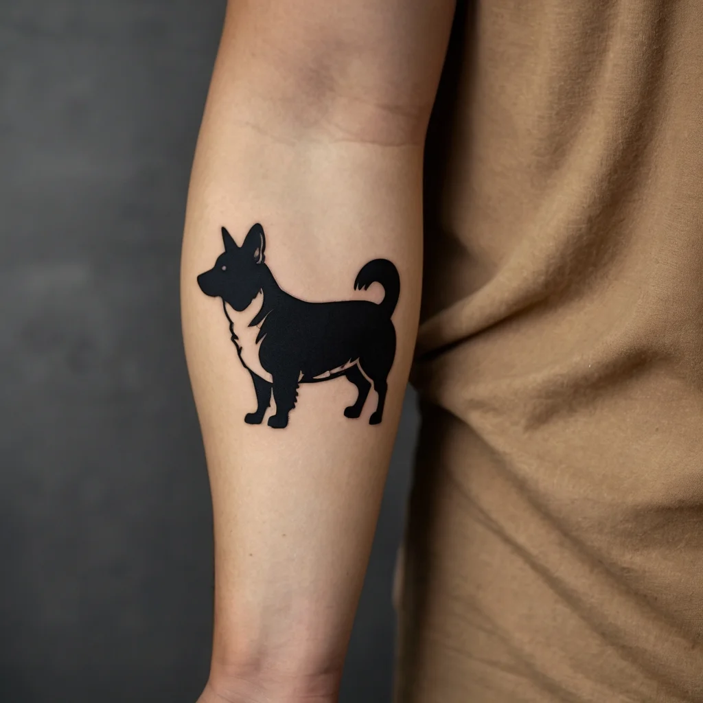 Tattoo of a solid black silhouette of a dog on the forearm, showcasing clean, bold lines and artistic depth.