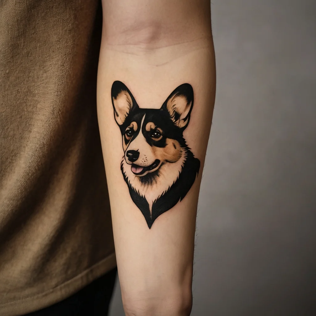 Tattoo of a smiling Corgi in vivid colors on the forearm, showcasing intricate fur details and expressive eyes.