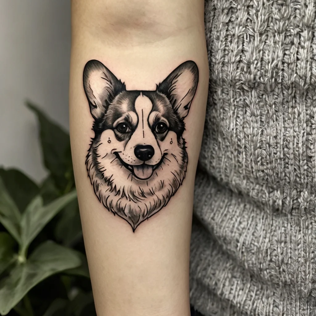 Realistic Corgi face tattoo in black and gray, capturing playful expression with detailed fur and big ears on the forearm.