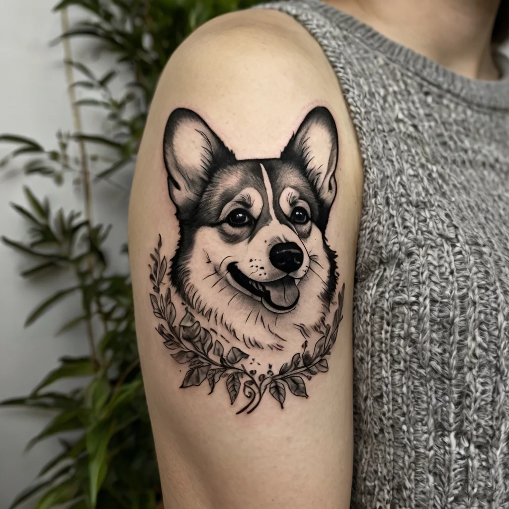 Realistic Corgi portrait tattoo on upper arm, surrounded by delicate leaf and vine embellishments in grayscale.