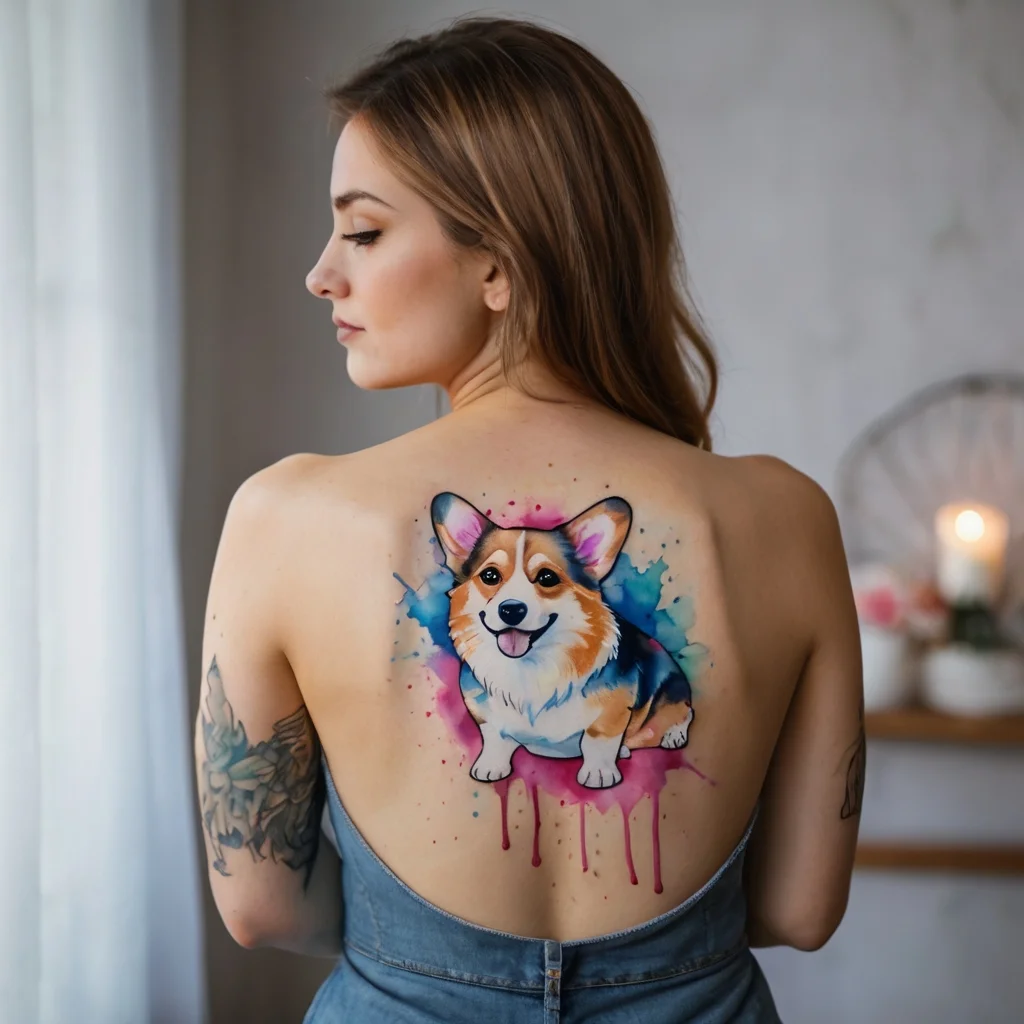 Colorful corgi tattoo on back with watercolor effect, featuring blue and pink splashes for a vibrant, playful look.