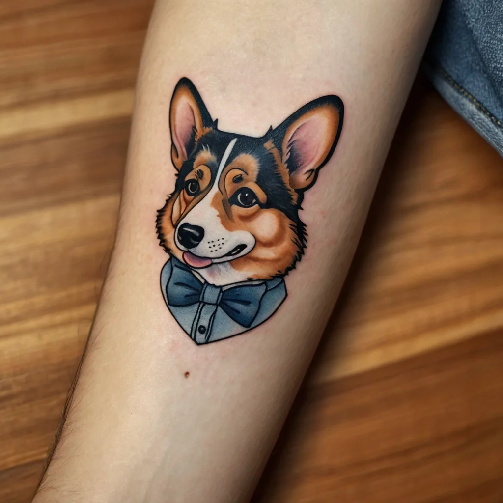 Tattoo of a stylish Corgi in a blue bow tie, with bold outlines and vibrant colors on the forearm.