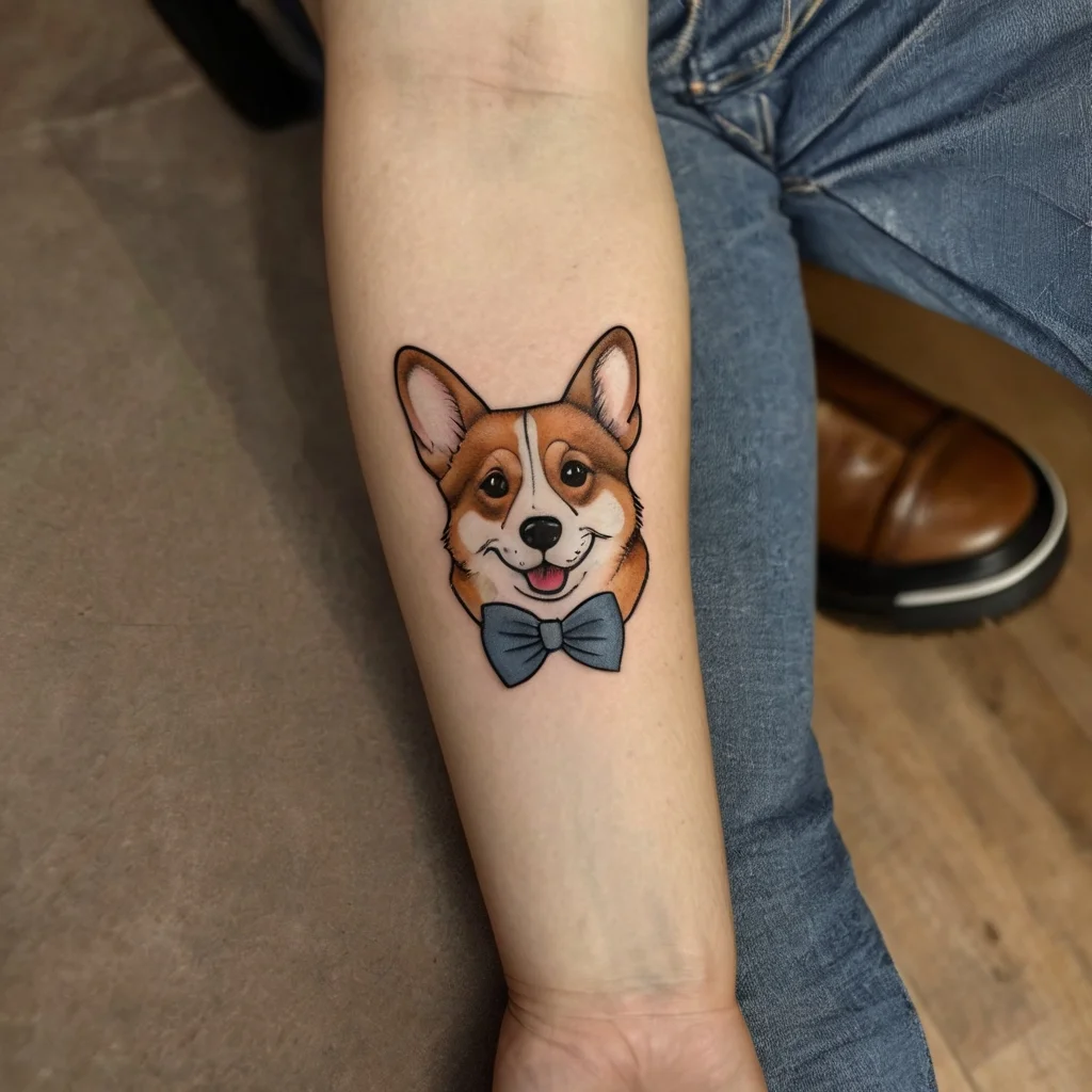 Tattoo of a smiling corgi with a blue bow tie, rendered in vibrant colors, on the forearm.