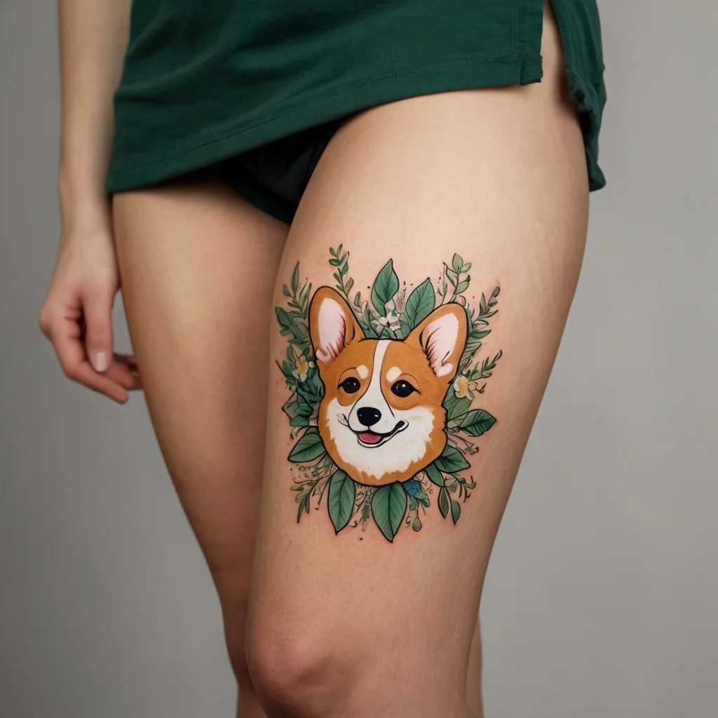 Colorful Corgi face tattoo with lush green foliage and small flowers on the thigh, blending nature and pet love.