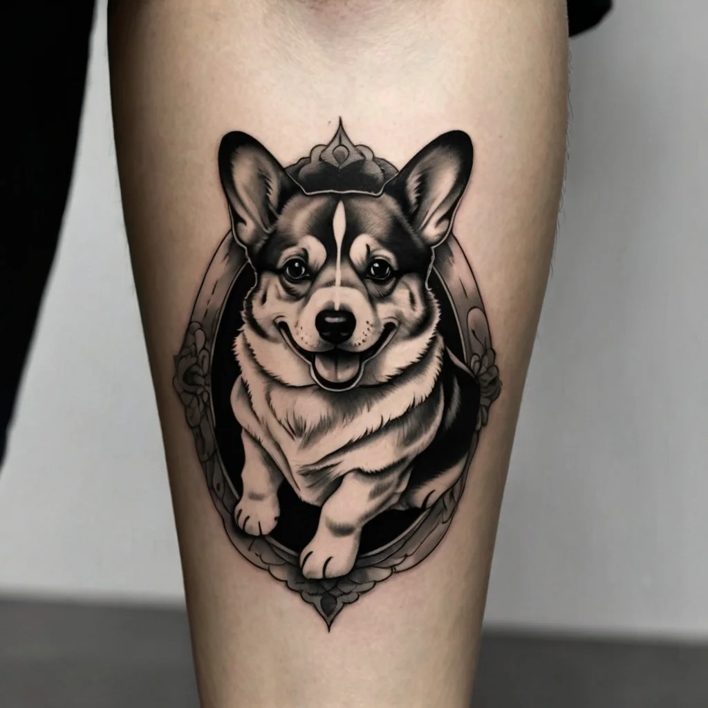 Realistic black and gray tattoo of a smiling Corgi in an ornate frame on skin, showcasing fine details and shading.