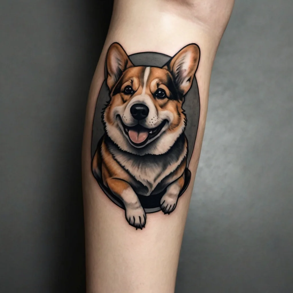 Realistic Corgi tattoo with vibrant colors and shading, showcasing the dog's playful, friendly expression on the forearm.