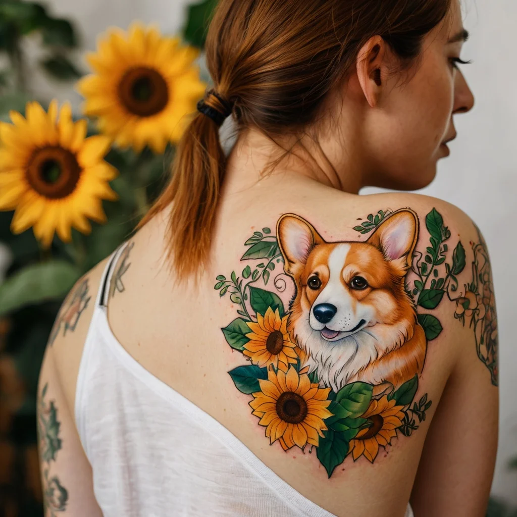 Tattoo of a corgi surrounded by vibrant sunflowers and green leaves on a woman's upper back.