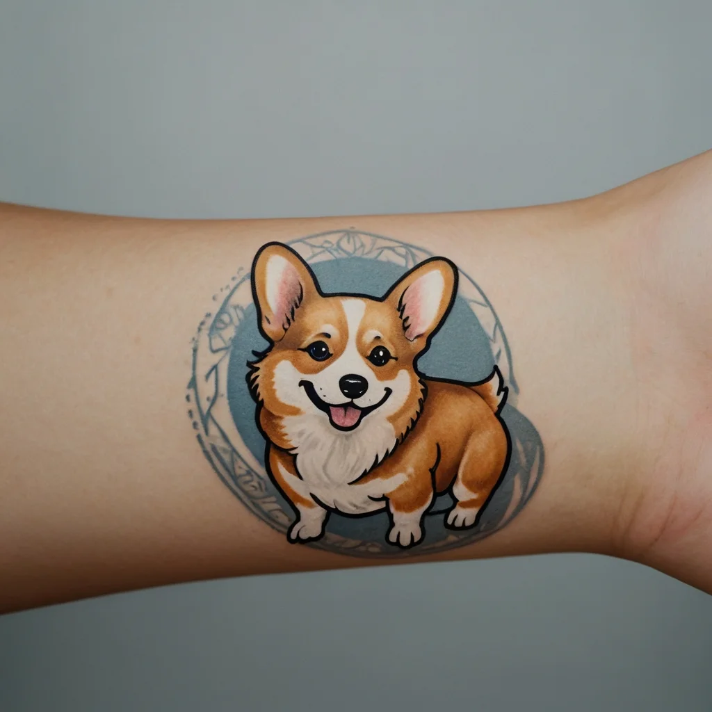 Tattoo of a cheerful corgi in cartoon style, set within a circular geometric pattern on the forearm.